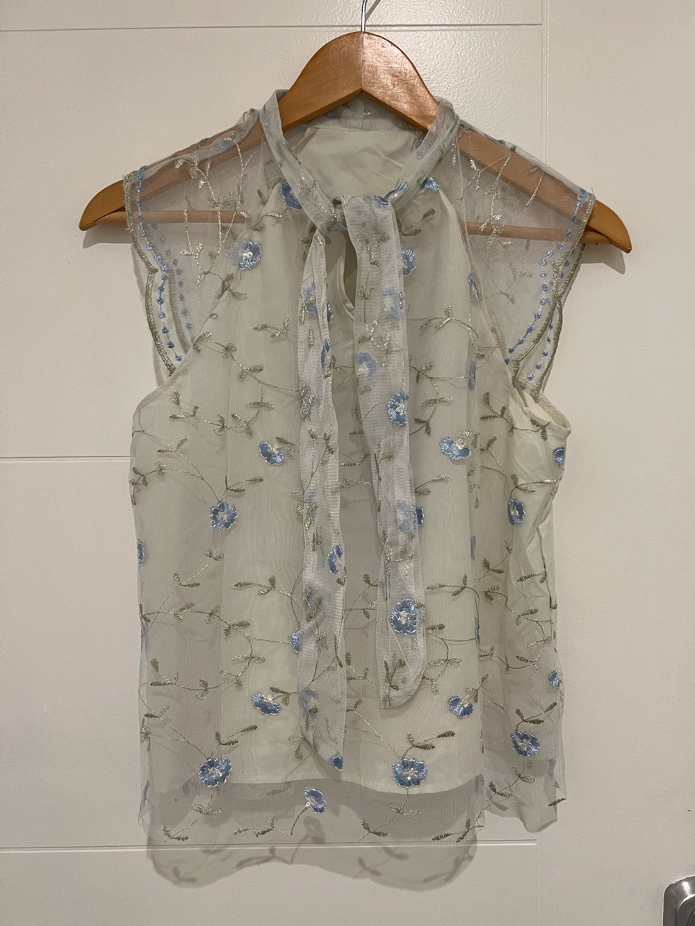 Floral Tie-Neck Sleeveless Top - Light Cream with Blue Embroidery